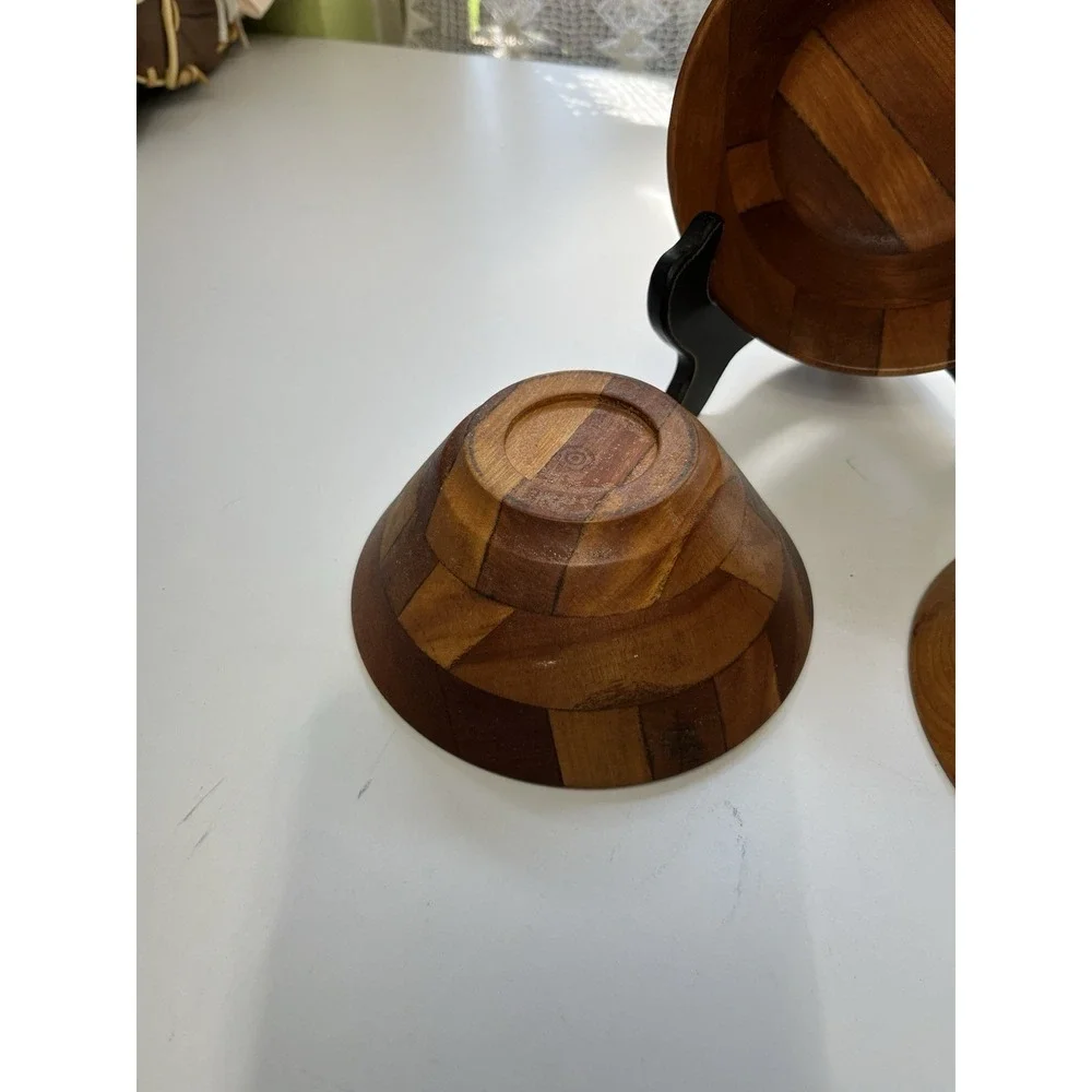 Vtg MCM Segmented Artisan Made Wood Bowl Bullseye Mark Patent Japan 6